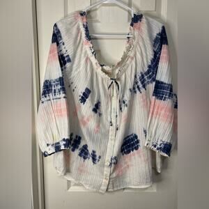 Style & Co Bohemian Tie Dye White Off the Shoulder Metallic Threaded Top sz XL